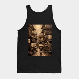 Japanese Traditional City In The Rain Woodblock Engraving Style Tank Top